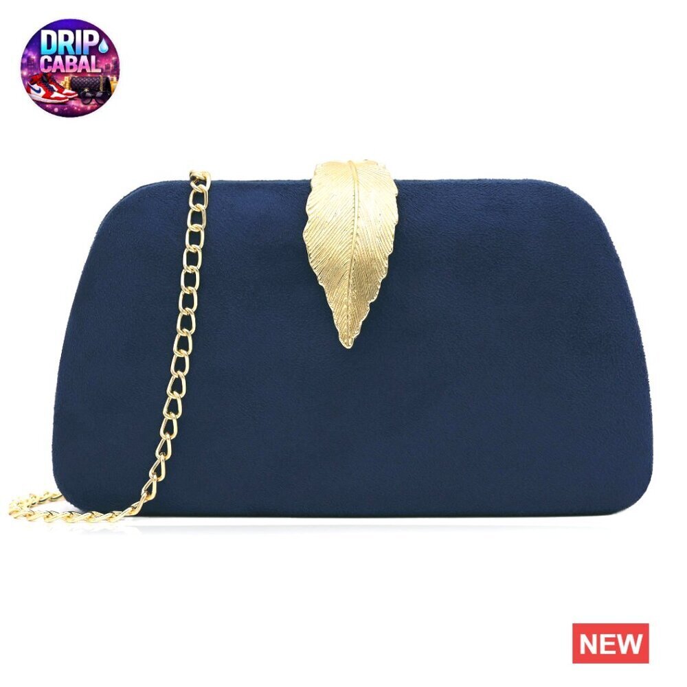 Suede Evening Clutch Shoulder Bag Elegant Gold Leaf Clasp Minimal Chic